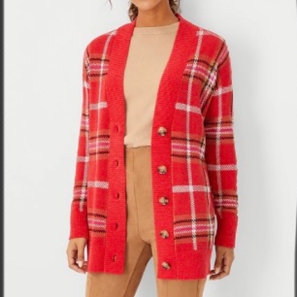 Red Plaid Cardigan Mid/Heavy Weight Sweater Ann Taylor New